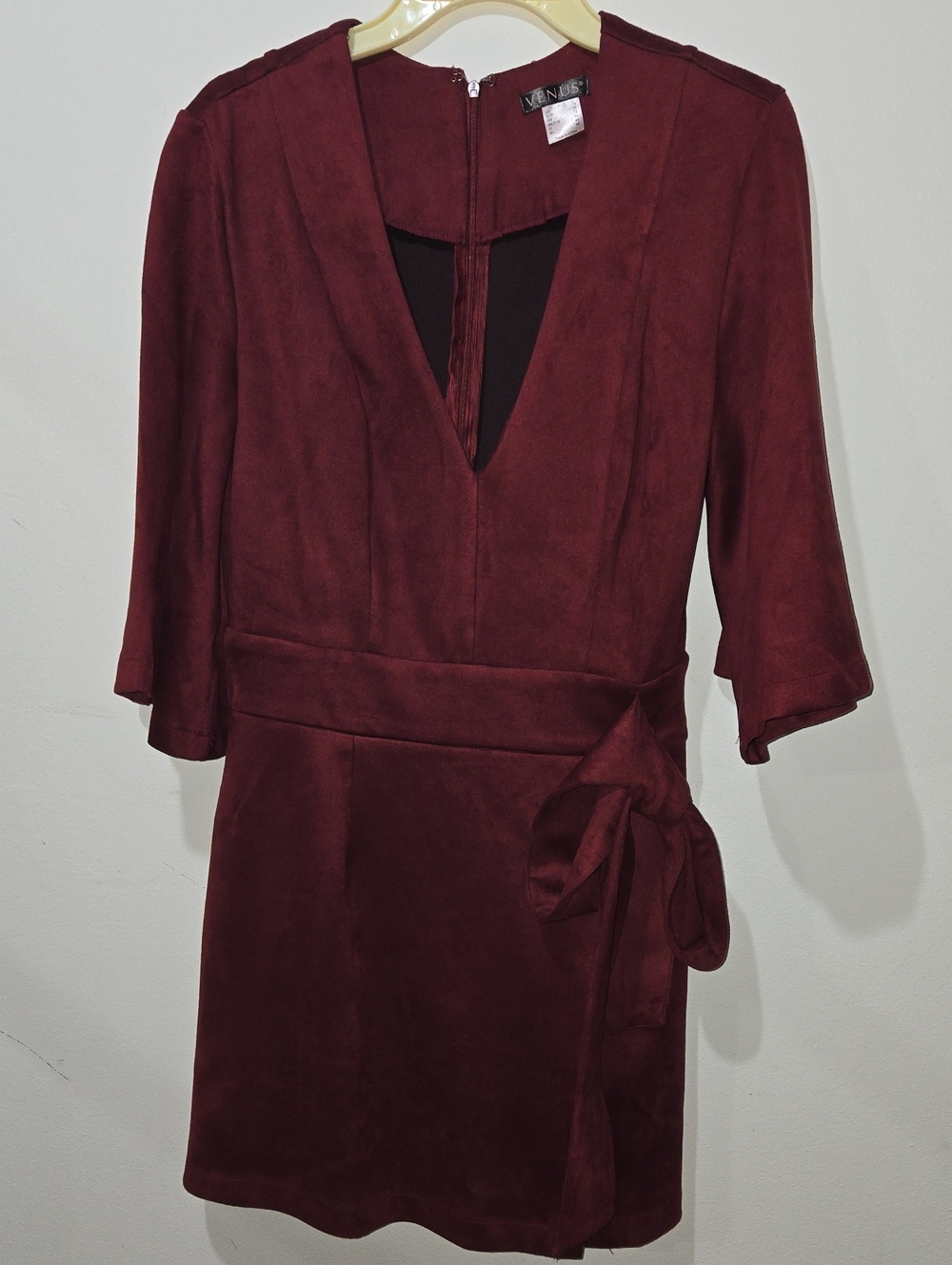 VENUS Burgundy V-Neck Wrap-Detail Mini Dress
